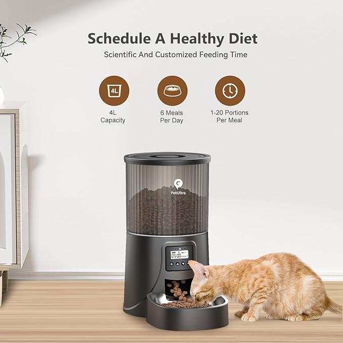 Automatic Cat Feeder: 4L Timed Cats Food Dispenser Programmable 1-6 Meal for Cat and Small Medium Dog- Auto Pet Feeder Easy to Set Up Dual Power Supply with Desiccant Bag| Detachable Washable