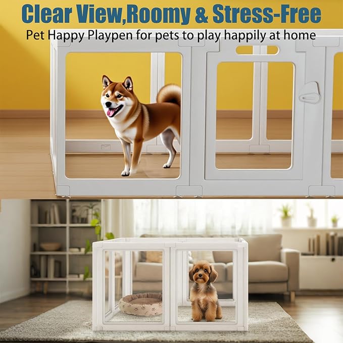 Clear Acrylic Dog Playpen Transparent Dog Playpens Indoor, Small Pet Play Pen for Small Dogs, Puppies, Cats & Rabbits, Assemble & Disassemble, with Door & Suction Cups (23.6" H, 8PCS),White