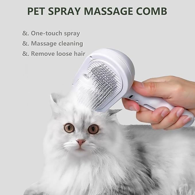 Cat Steam Hair Comb Brush for Shedding with Anti-Lost Pet Pendant, 3 In 1 USB Pet Spray Hair Removal Comb for Cat, Dogs Long Short Haired, White