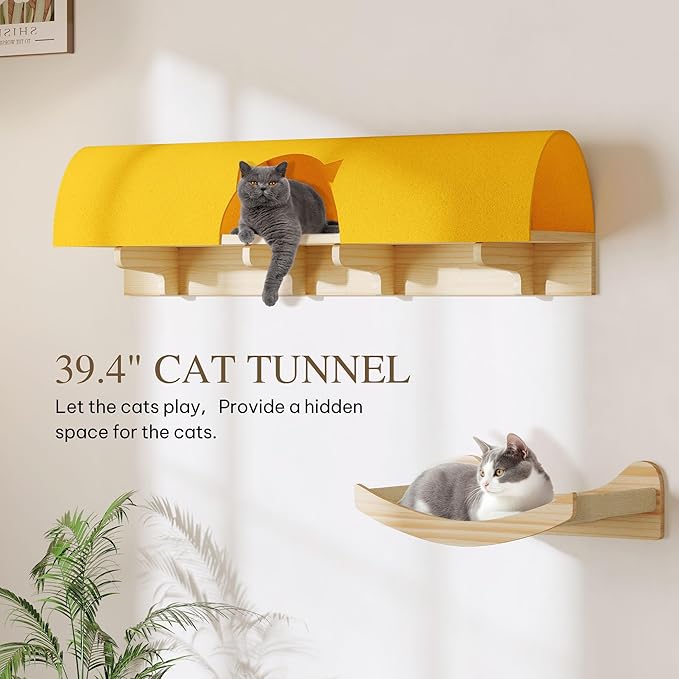 Cat Wall Shelves and Perches, Solid Wood Wall Mounted Cat Furniture, Set of 13 Cat Climbing Shelves with Moon Hammock, House, Wall Ladder, Scratching Post and Cat Tunnel