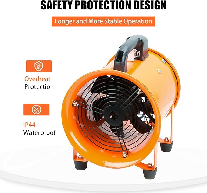 8-Inch High-Velocity Portable Utility Blower Fan, Industrial Exhaust Fan with 33ft Flexible Duct Hose, 3150 RPM Low-Noise Ventilator for Basements, Workshops, Warehouses, and Confined Spaces