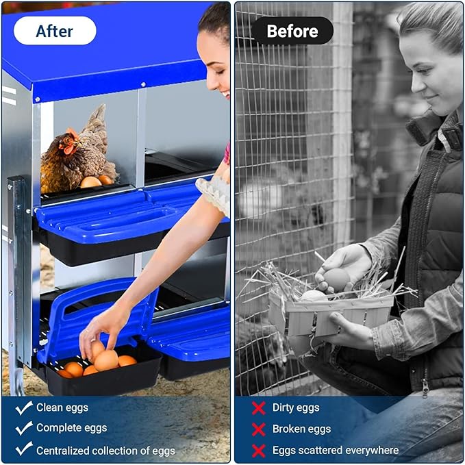 Chicken Nesting Boxes, 10 Hole Metal Chicken Laying Box with with Removable Trays and Roll Out Egg Collection for Chicken Coop, Blue