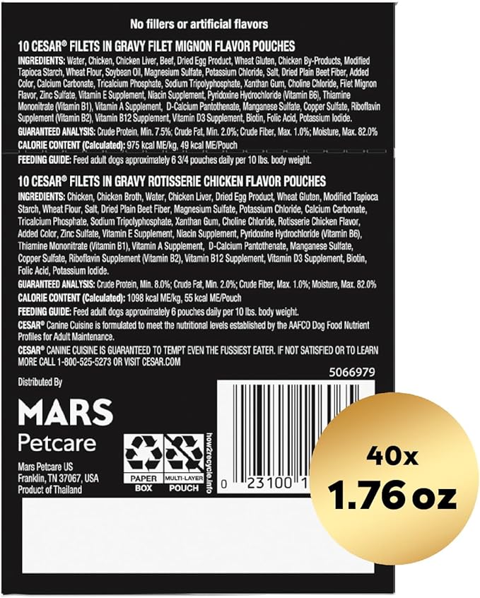 Cesar Filets in Gravy Wet Dog Food Filet Mignon Flavor and Rotisserie Chicken Flavor Variety Pack, 1.76 oz. Mini-Pouches (20 Count, Pack of 2)
