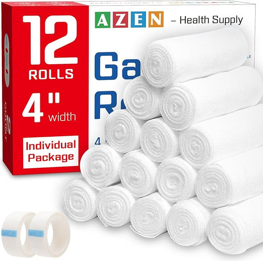 AZEN 12 Pack Gauze Rolls Bandages, 4 in x 4.1 Yards, Premium Medical Supplies & First Aid Supplies, Bandage Wrap Vet Wrap, Mummy Wraps