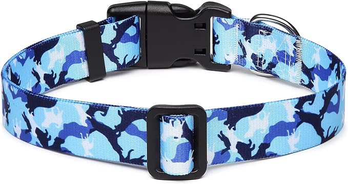 Mercano Adjustable Dog Collar - Special Design Patterns, Soft Nylon Comfortable Durable Pet Collar for Small Medium Large Dogs (S, Dog Camouflage Blue)