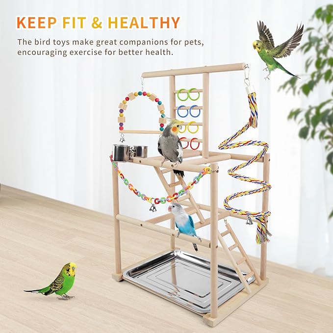 Bird Playground, Parrots Playstand for Small to Medium Birds, Perch Stand with 3 Ladders Playgym with Rope Perch, Swings Feeder Cups Bird Cage Accessories for Conure Cockatiel Lovebirds