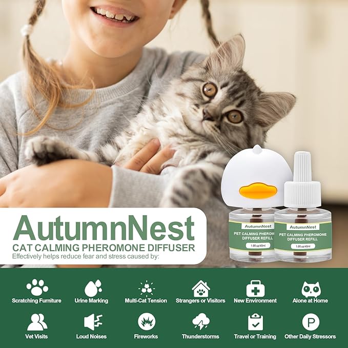 Cat Calming Pheromone Diffuser Set, Pet Calming Plug-in Kit (2 Diffusers + 4 Refills), Reduces Cat Stress, Aggression, Fighting, Marking, Meowing, Travel, Vet Visit Anxiety, 120 Days, Non-Toxic, Safe