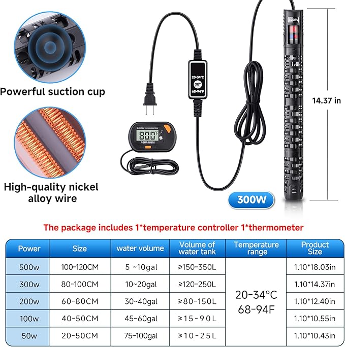 Aquarium Heater Submersible Fish Tank 300W& Turtle Tank Heater with External Adjustment Controller, Included Thermometer, LED Display, Overheat Protection, Detachable Cover, for Saltwater&Freshwater