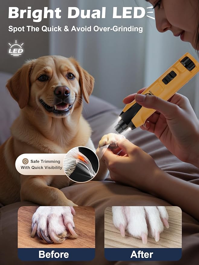 Casfuy 6-Speed Dog Nail Grinder – 50%+ Boost Power Dog Nail Trimmers Quiet with Dust Cap & 2 LED Lights & 2000mAh Battery & 4.8V Motor Electric Pet Toenail File Tool for Large Medium Small Dogs Cats