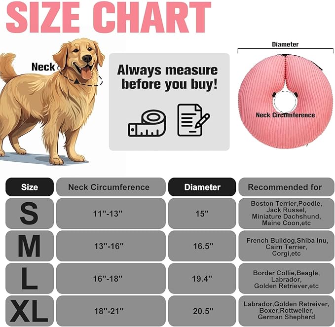 BINGPET Inflatable Dog Cone Collar Alternative After Surgery,Soft Recovery Cone for Dogs to Stop Licking,Protective Neck Donut E Collar Adjustable for Small Medium Large Dogs & Cats(Pink,M)