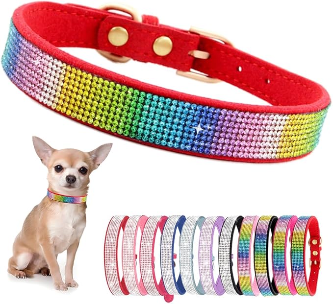 Rhinestone Dog Collar for Small Dogs, Bling Diamond Fancy Crystal Glitter Pretty Jewel Pet Puppy Collars for XXS XS Small Medium Large Breed Girl Dogs Female Cats Kitten, Colorful Red XXSmall