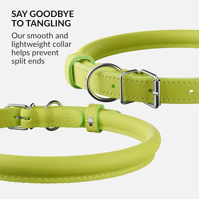 CollarDirect Rolled Leather Dog Collar, Soft Padded Round Puppy Collar, Handmade Genuine Leather Collar Dog Small Large Cat Collars 13 Colors (6-7 Inch, Lime Green Smooth)