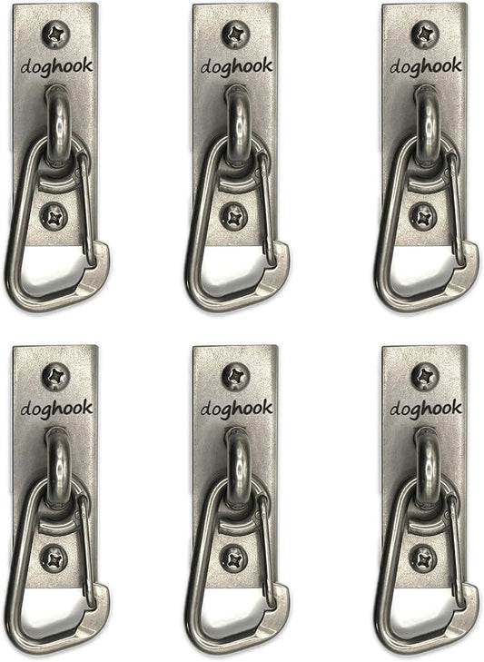 Canine Hitch- Secure Dog Leash Parking Wall Slim Hook with Clip 6 Pack - Tie Out Stainless Steel & ABS Mounting Plate for Strength - Practical Lead Management for Home & Business