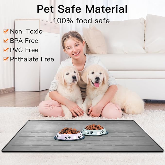 48" x 32" XXXL Largest Pet Food Mat, Silicone Dog Mats for Food and Water, Nonslip Pet Feeding Mats for Floors,Dog Cat Bowl Mat with Raised Edges, Light Gray