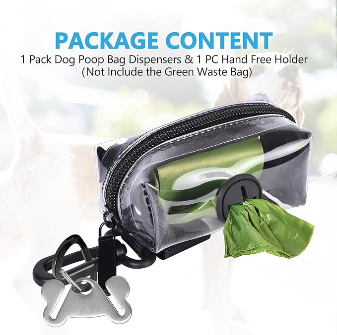 Clear Metal Dog Waste Bag Dispenser & Holder - Portable, 1 Hand Free, Fits Leash Accessory, Set Includes Dog Poop Bags