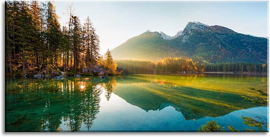 Beautiful Lake Mountain Range Sunrise Sunset Landscape Canvas Wall Art for Living Room, Autumn Forest National Park Scenery, Nature Scenic Picture Print Artwork Painting Decor,Inner Frame 20x40