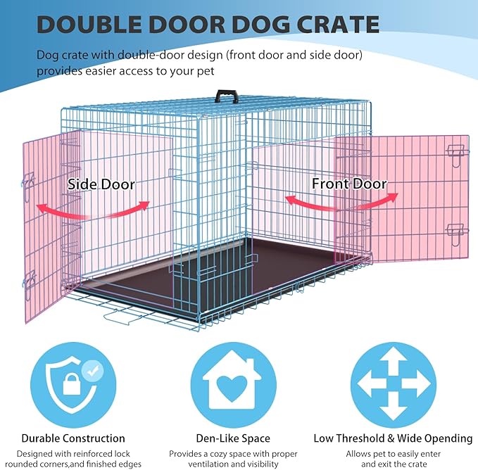 BestPet | Dog Crate | 42" | Blue | Foldable Metal Kennel with Double Doors, Secure Slide-Bolt Latches, Leakproof Tray | Portable Dog Cage for Large Breeds | for Travel, Indoor & Outdoor Use