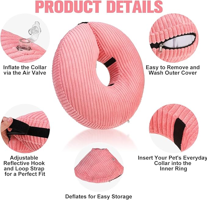 BINGPET Inflatable Dog Cone Collar Alternative After Surgery,Soft Recovery Cone for Dogs to Stop Licking,Protective Neck Donut E Collar Adjustable for Small Medium Large Dogs & Cats(Pink,S)