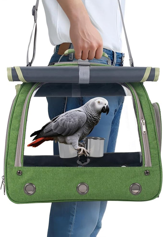 Bird Carrier Parrot Travel Cage with Perch, Food Bowl, Tray and Breathable Clear Window, Bird Travel Bag for African Gray Cockatiel Caique Conure Quaker, for Vetting Camping Hiking (Green)