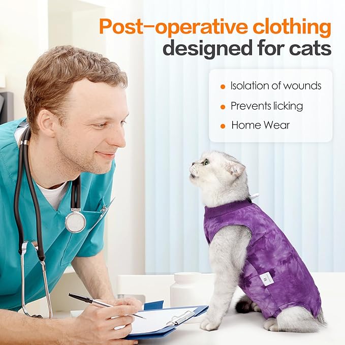 Cat Recovery Suit - Abdominal Wounds Cat Onesie, Cone E-Collar Alternative, Purple S