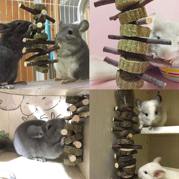 Bunny Chew Toys for Teeth, 2 PCS Organic Apple Wood Molar Sticks with Timothy Hay Circles for Bunny Chinchilla Guinea Pig Hamsters Holland Lop Prairie Dogs Squirrels, Improves Dental Health