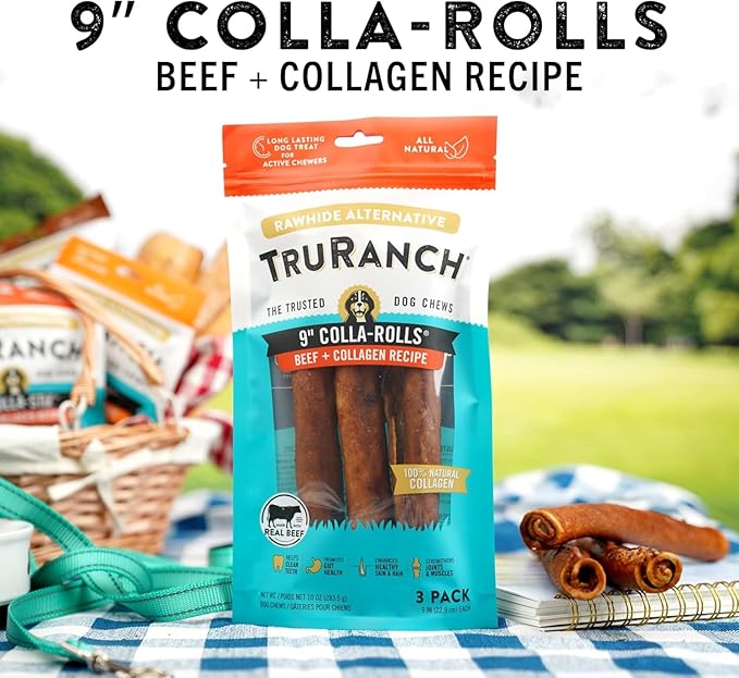 Collagen Rolls - 9" Collagen Rolls for Dogs - Long Lasting Healthy Joint Support Dog Treat - Rawhide Alternative - Skin & Coat Health - Made with Real Beef, 1 Bag, 3 Count