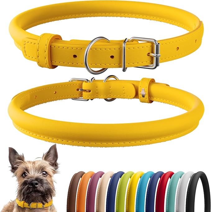 CollarDirect Rolled Leather Dog Collar, Soft Padded Round Puppy Collar, Handmade Genuine Leather Collar Dog Small Large Cat Collars 13 Colors (6-7 Inch, Yellow Smooth)