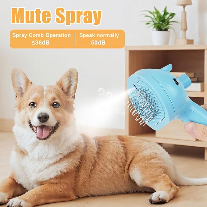 Cat Steam Brush for Shedding, Pet Steam Brush for Dog with Release Button,Anti-Static Pet Spray Hair Removal Comb,Cat Spray Comb for Long & Short Haired Pets,Blue