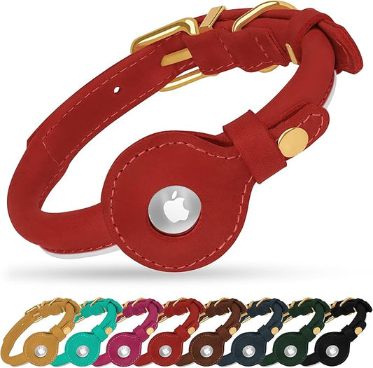 OOPSDOGGY Rolled Leather Dog Collar with Airtag Holder - Reflective Round Airtag Dog Collar - Soft Tracking Pet Collar for Small Dogs Puppy Cats Kitten (Red, XXL, 20"-24")