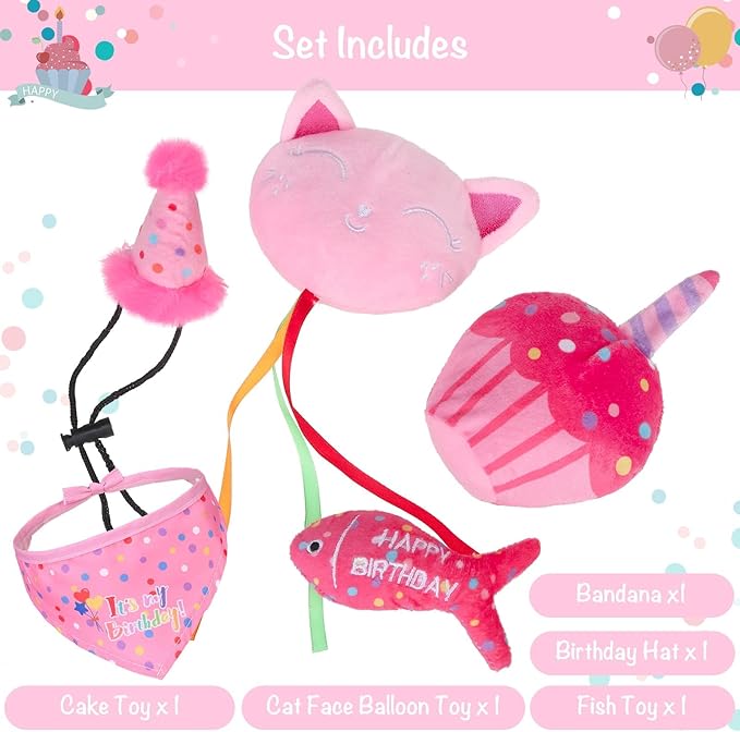 BINGPET Catnip Toys for Indoor Cats, Cat Birthday Hat and Interactive Plush Kitten Chew Toys - Cute Cake, Fish, Balloon Toys with Crinkle Paper and Catnip Inside Pink