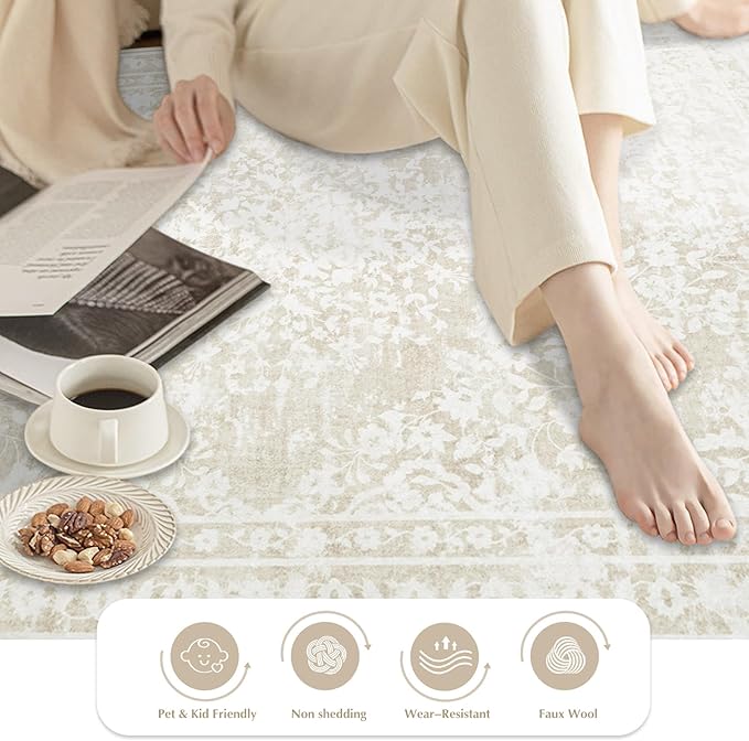 Area Rug 3x5 Entryway Rugs - Machine Washable Vintage Boho Area Rug Non-Slip Kitchen Rugs Soft Stain Resistant Indoor Door Mat, Small Floral Throw Rug for Entrance Hallway Bedroom(Cream Beige, 3'x5')