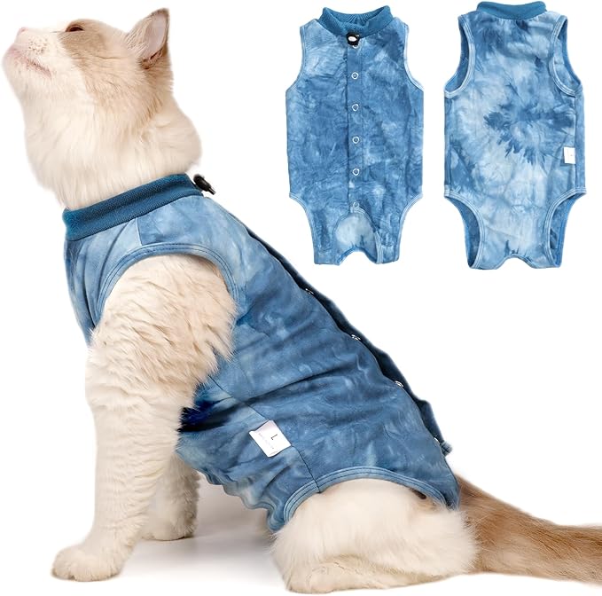 Cat Recovery Suit for Male and Female Surgical Post Surgery Soft Cone Onesie Tie Dye Cats Shirt Clothes Neuter Licking Protective Diapers Outfit Cover Kitten Spay Collar Alternative(Navy Blue, S)