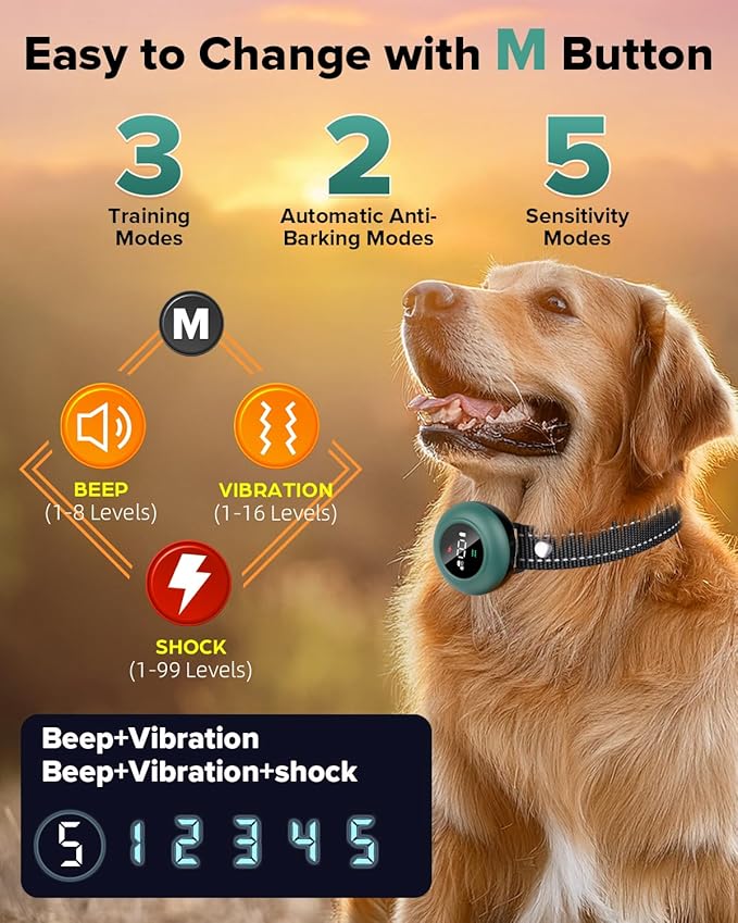 [New 2025] 2-in-1 Dog Shock Collar & Bark Collar – 3300FT Dog Training Collar with Remote, Automatic Anti-Barking, 5 Adjustable Sensitivity Levels, IP67 Waterproof E-Collar for Small Medium Large Dogs