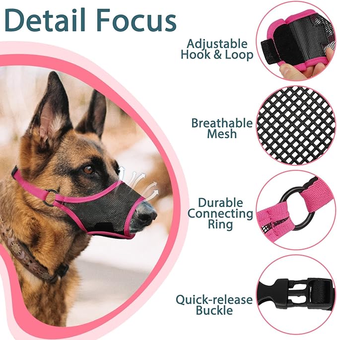 LUCKYPAW Dog Muzzle, Mesh Dog Muzzle for Large Medium Small Dogs, Soft Mouth Guard for Biting Chewing, Breathable Mouth Cover with Adjustable Strap for Training (Hot Pink, M(Snout:8.75"-9.5"))