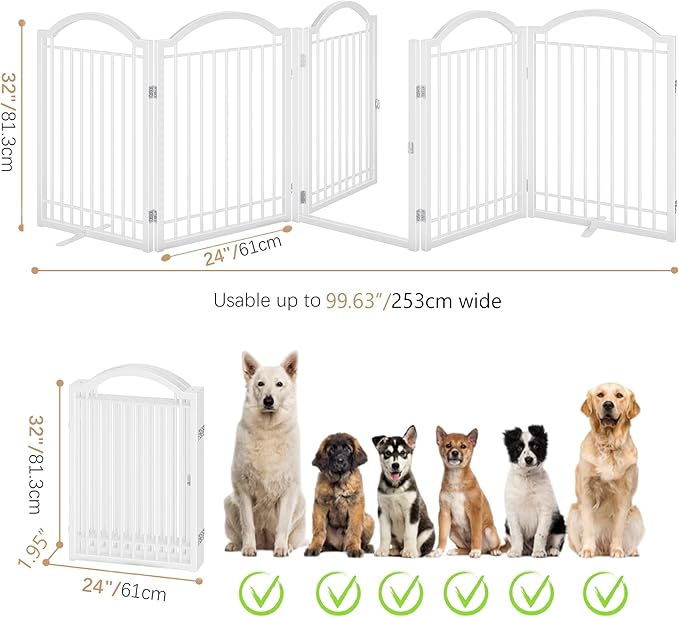 BHG Metal No-Assembly Freestanding Dog Gate with Door Walk Through, Extra Wide 120", Extra Tall 32" Pet Gate, Accordion Puppy Folding Playpen Dog Fence, with 2PCS Support (White, 5 Panels)