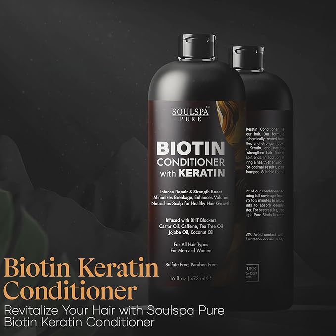 Biotin Conditioner with Keratin - Intense Repair & Strength Boost Formula - Nourishes Scalp for Healthy Hair Growth, with Tea Tree Oil & DHT Blockers, for Men & Women, 16 fl oz - SOULSPA PURE