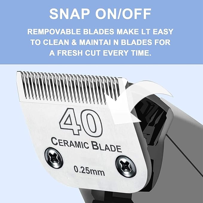 Audoc 3Pcs 40 Blade Dog Grooming Clipper Replacement Blades Compatible with Wahl/Oster Dog Clippers,Detachable Ceramic Blade & Stainless Steel Blade,Size 40 Cut Length 1/100"(0.25mm)