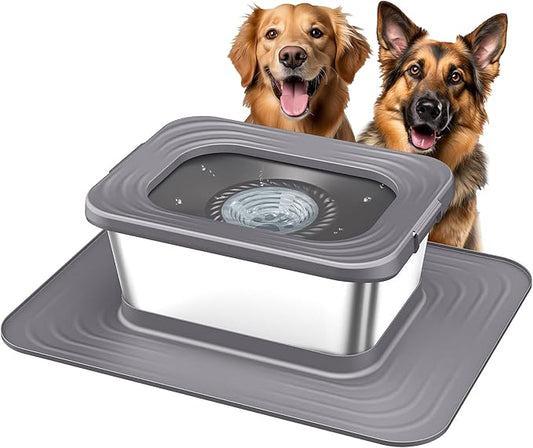 Decflow 10L Stainless Steel Dog Water Bowl, No Spill Anti-Splash Dog Bowls with XXL Silicone Mat, Spill-Proof Slow Feeder for Messy Drinkers, Heavy Duty Pet Bowls for Indoor/Outdoor Use Grey