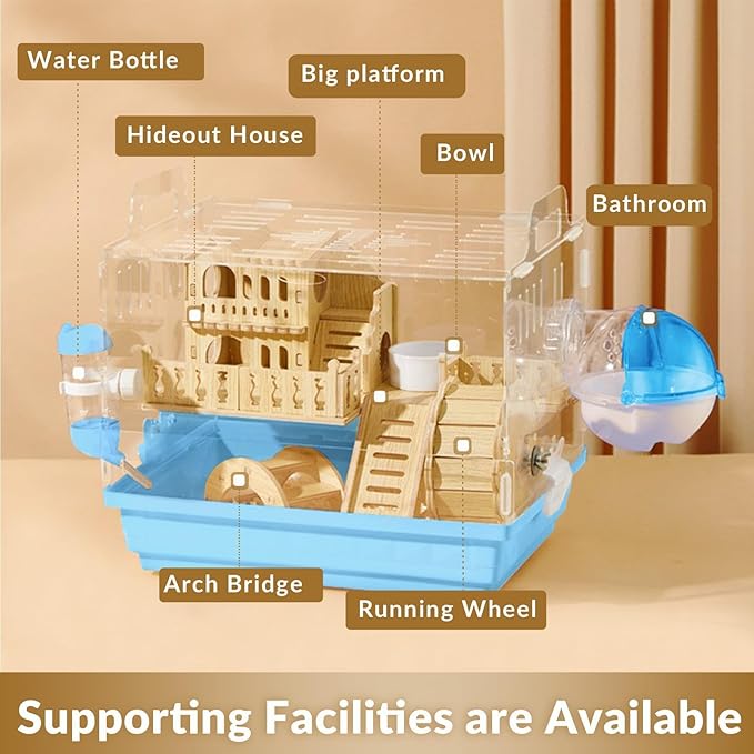 Cycodo 8 in 1 Acrylic Hamster Cage,2-Tier Dwarf Hamster Cage with Wooden Wheel & Hideout,Small Hamster Habitat with Accessories,Clear Pet Mice House(Blue,14" L*10" W*11" H)