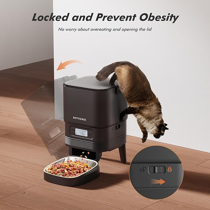 Automatic Cat Feeder - Nityers 4L Timed Cat Dry Food Dispenser with Stainless Steel Bowl,1-6 Meals Per Day, Programmable Portion Size, Detachable Washable, Auto Pet Feeder for Cats and Small Dogs