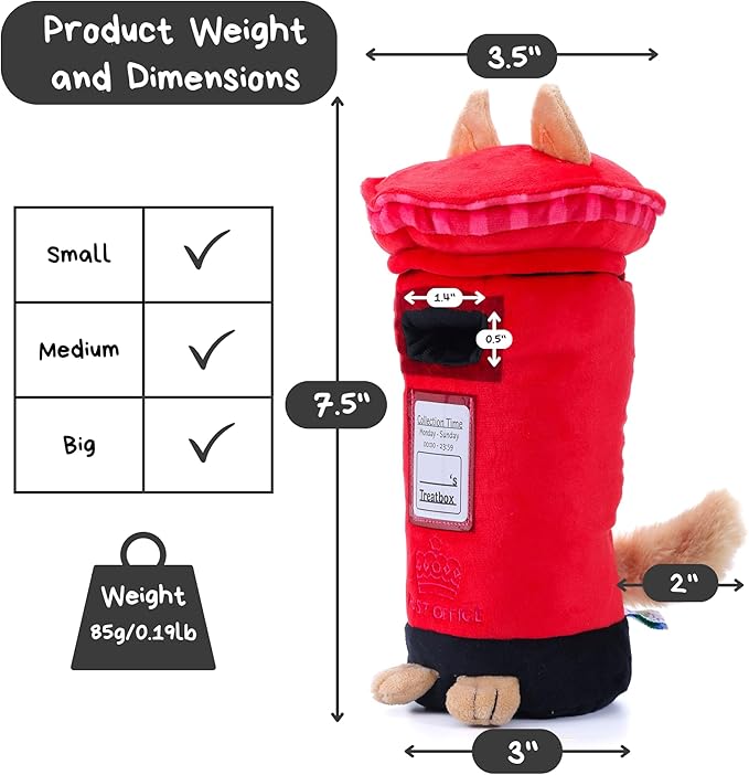 British Postbox Treat-Dispensing Soft Plush Squeaky Pet Toy - Iconic UK Enrichment Gift, Durable Cute & Fun Toy for Interactive Play, Hide Food for Nose-Work Puzzle, Small Medium Dogs