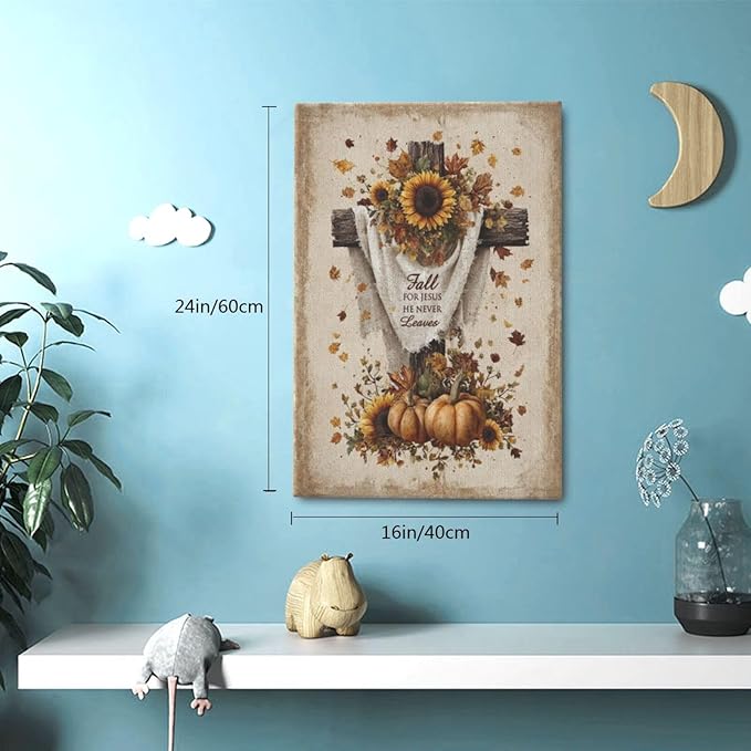 Christian Fall Wall Art Autumn Rustic Cross Sunflower Pumpkin Wall Decor Fall for Jesus He Never Leaves Pictures Painting Print Framed Artwork Decorations Gifts for Living Room Bedroom Prayer Room Office 16"x24"