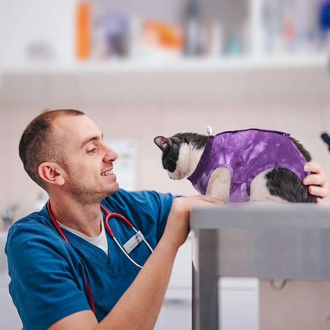 Cat Recovery Suit for Male and Female Surgical Post Surgery Soft Cone Onesie Tie Dye Cats Shirt Clothes Neuter Licking Protective Diapers Outfit Cover Kitten Spay Collar Alternative(Purple, S)