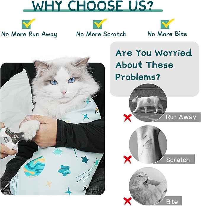 Cat Wrap for Cutting Nails, Self-Adhesive for Grooming, Anti-Scratch Cat Swaddle Wrap for Medicine, Nail Clipping, Teeth Brushing, Ear Cleaning
