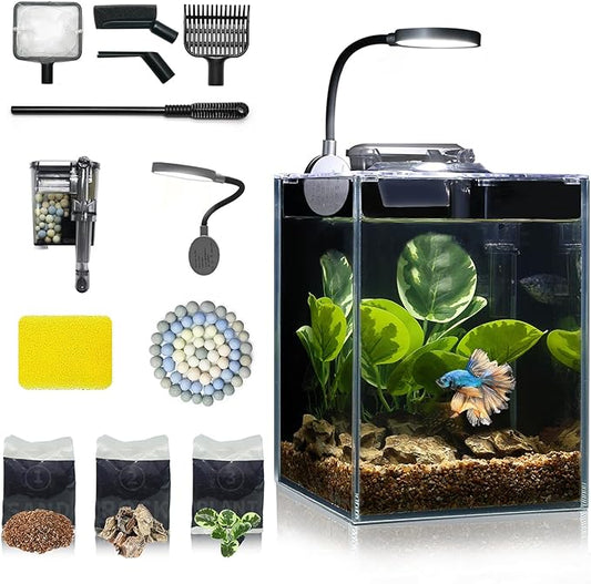 Desktop Glass Fish Tank 1.25 Gallons Small Aquarium Set, Self Cleaning Filter System Bright LED Light Gravel Plant Cleaning Tool, Betta Small Space Kit Easy Setup Space Saving Design