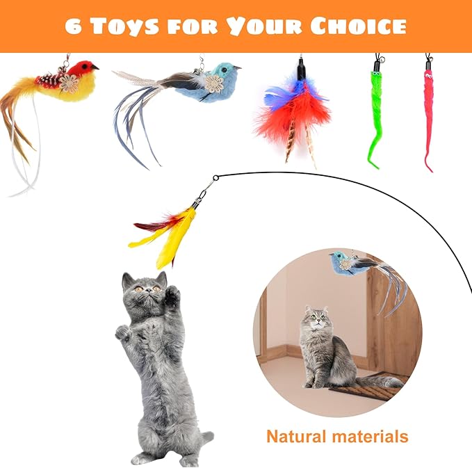 Cat Feather Toys, 10PCS Toys with Super Suction Cup, 2PCS Detachable Wand & 6PCS Replacement Teaser Refills, Interactive Indoor Cat Play