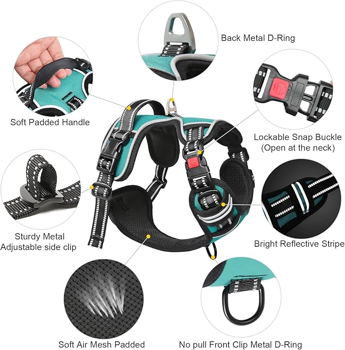 Timos No Pull Dog Harness,NO Need Go Over Dogs Head 3 Snap Buckles Reflective Oxford No Choke Puppy Harness with Front & Back 2 Metal Leash Clips Soft Padded Vest Harnesses for Small Medium Large Dogs