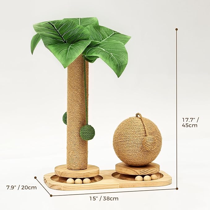 Cat Scratching Post, Wooden Cat Scratcher Toy for Indoor Cats, Sisal Ball Toy with Hanging and Track Balls, 17.7" Tall Banana Tree Cat Tower for Kittens