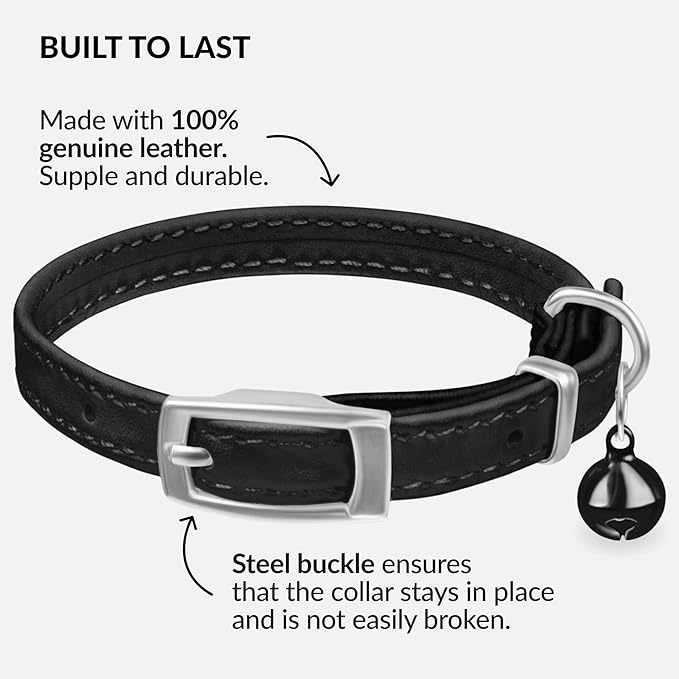 CollarDirect Leather Cat Collar with Bell - Kitten Collar, Small and Big Cat Strap for Boy Cats, Girl Cats with Safety Elastic Strap (Neck Fit 8"-11", Black)