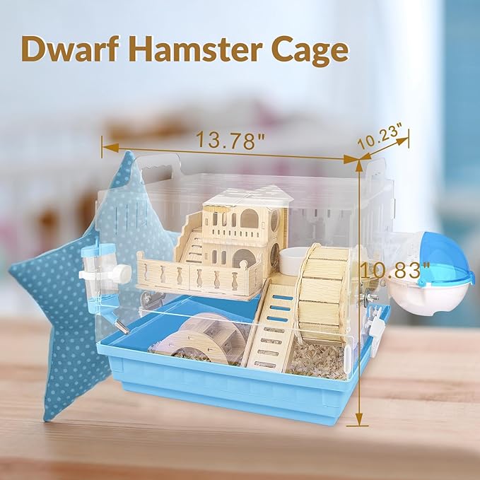 Cycodo 8 in 1 Acrylic Hamster Cage,2-Tier Dwarf Hamster Cage with Wooden Wheel & Hideout,Small Hamster Habitat with Accessories,Clear Pet Mice House(Blue,14" L*10" W*11" H)